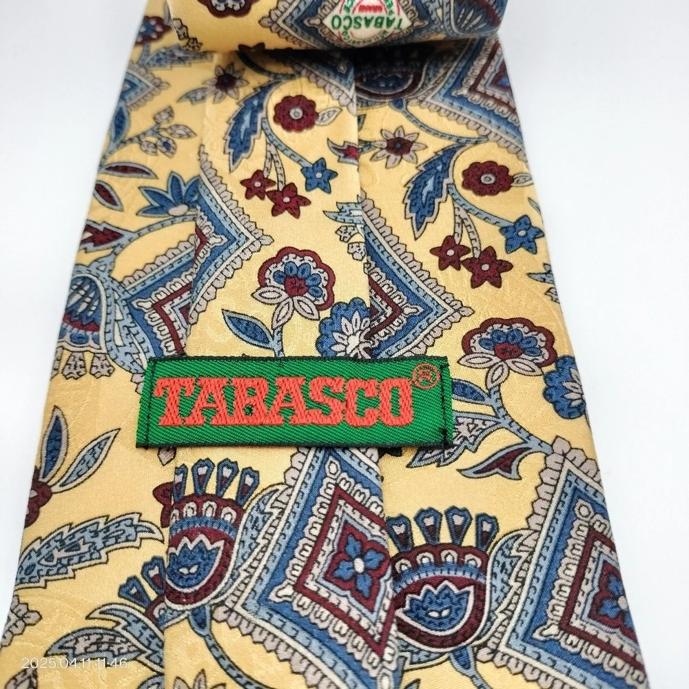 Tabasco Silk Jacquard Geometric Floral Necktie Padded Lined Yellow Whimsical
